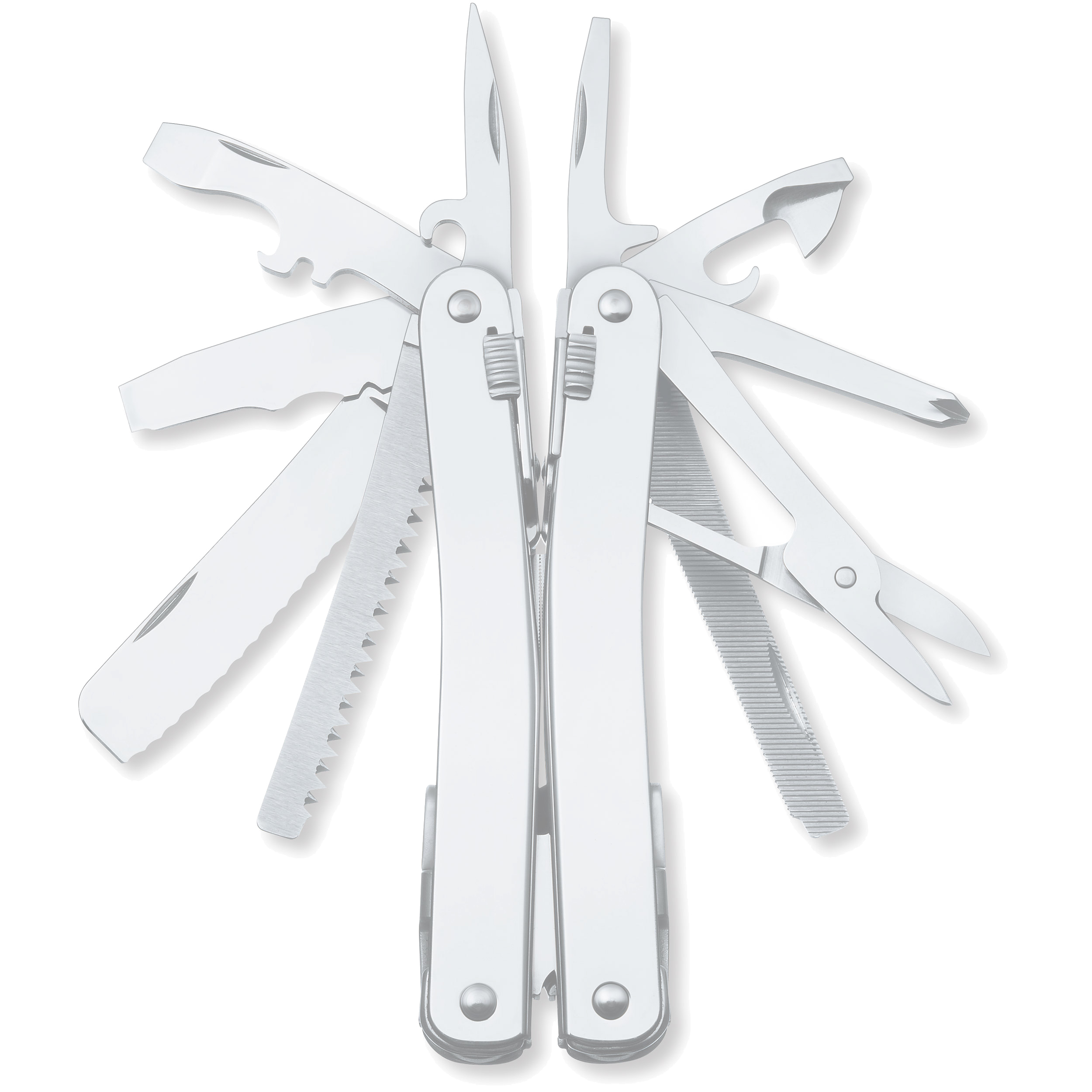 Image of a metal multitool with the different hinged tools pulled out: scissors, screwdrivers, saws, files, and more