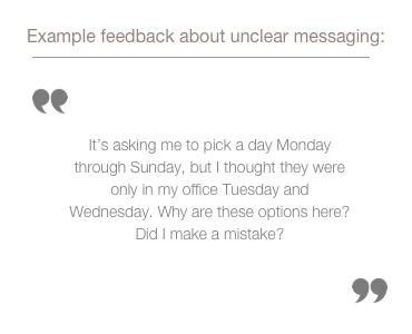 sample quote from feedback group about unclear messaging: It’s asking me to pick a day Monday through Sunday, but I thought they were only in my office Tuesday and Wednesday. Why are these options here? Did I make a mistake?