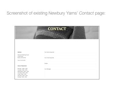 Screen shot of existing Newbury Yarns' website contact page