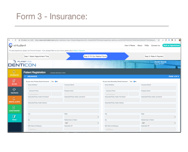 A screenshot of the third form a patient must complete, which is insurance information.