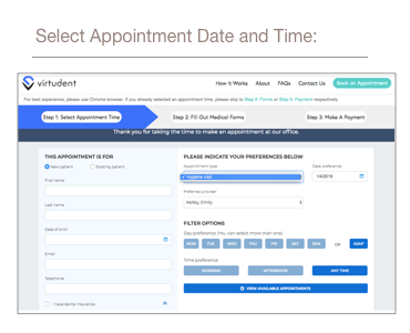 A screenshot of the first page a patient encounters in the online appointment-booking process, which requests name, date and time of appointment, the type of visit (although 