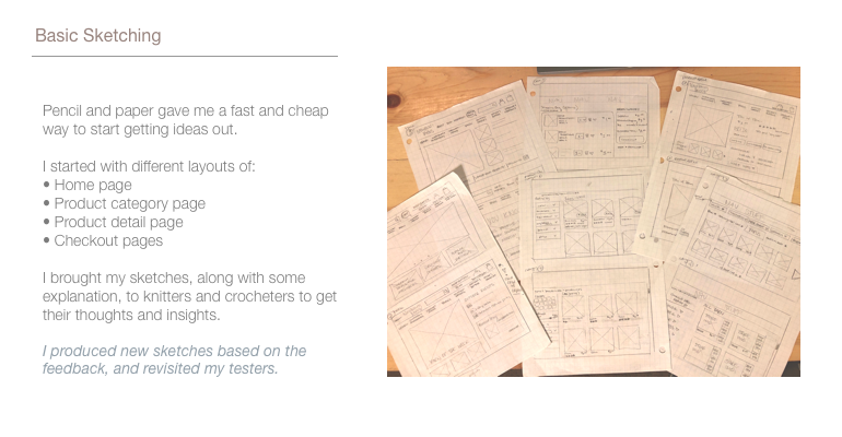 This image shows some screenshots of my digital wireframes. I used Axure to get things digital and on a grid, for the next wave of testing layouts, navigation and dropdowns, criteria in sidebars, product detail information, and more. I pursued feedback from the target audience and implemented adjustments over several iterations.